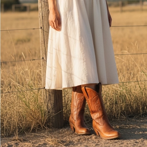 Frye Shoes - 1980 VINTAGE Frye Leather PullOn Tan Cottagecore Embroidered Cowboy Western Boot